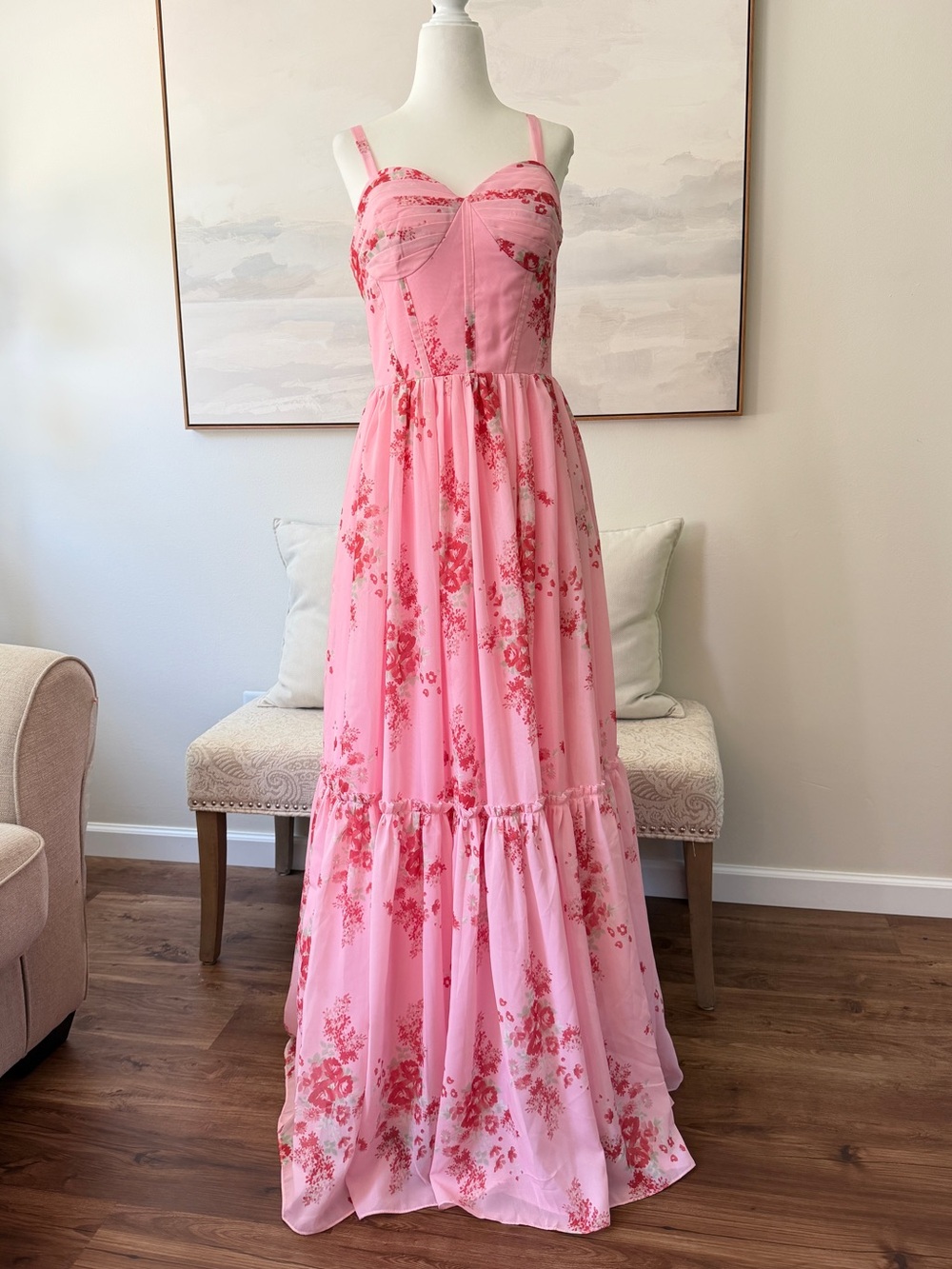 NWT Stunning Pink Floral Maxi Tiered Formal Dress / Floor Length Gown Size 6